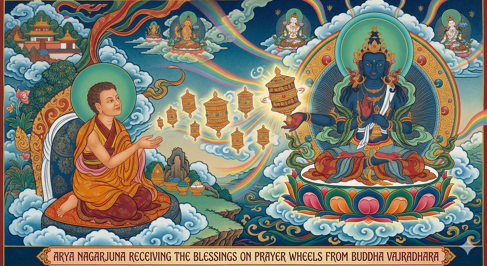 Depiction of Arya Nagarjuna receiving the teachings of Buddhist Prayer Wheels from Buddha Vajradhara