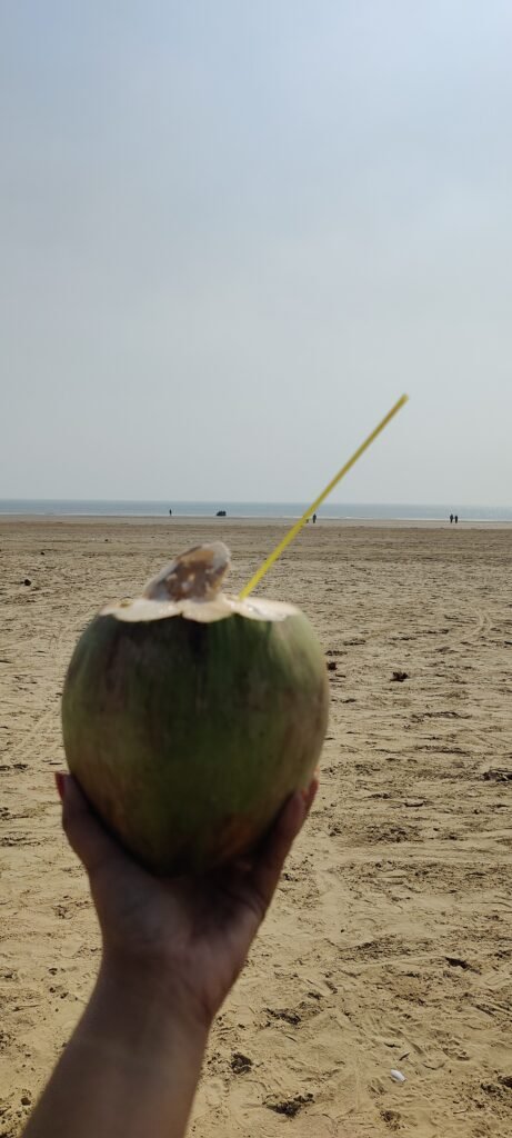 Having coconut water at Mandarmani Beach