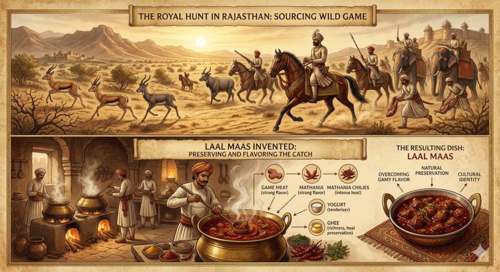 An AI generated Illustration showing royals sourcing game meat and royal kitchens preparing Rajasthan's famous delicacy Laal Maas.