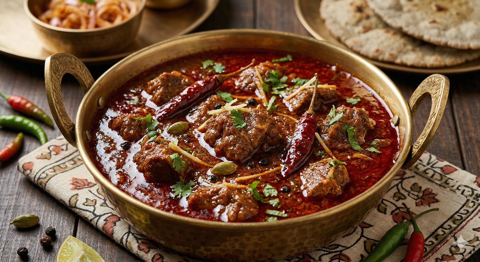 This is an AI generated image of Laal Maas. A delicacy from Rajasthan and found in North Indian restaurants in Jaipur