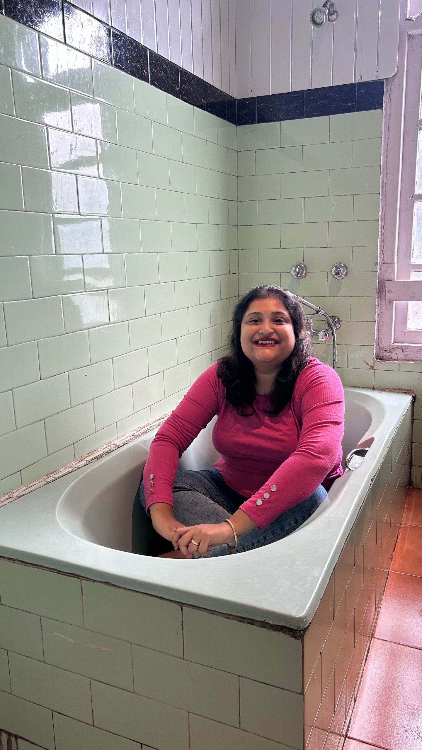 Shusree Mukherjee (Resham) sitting inside a bathtub at Hotel Bayul Gangtok