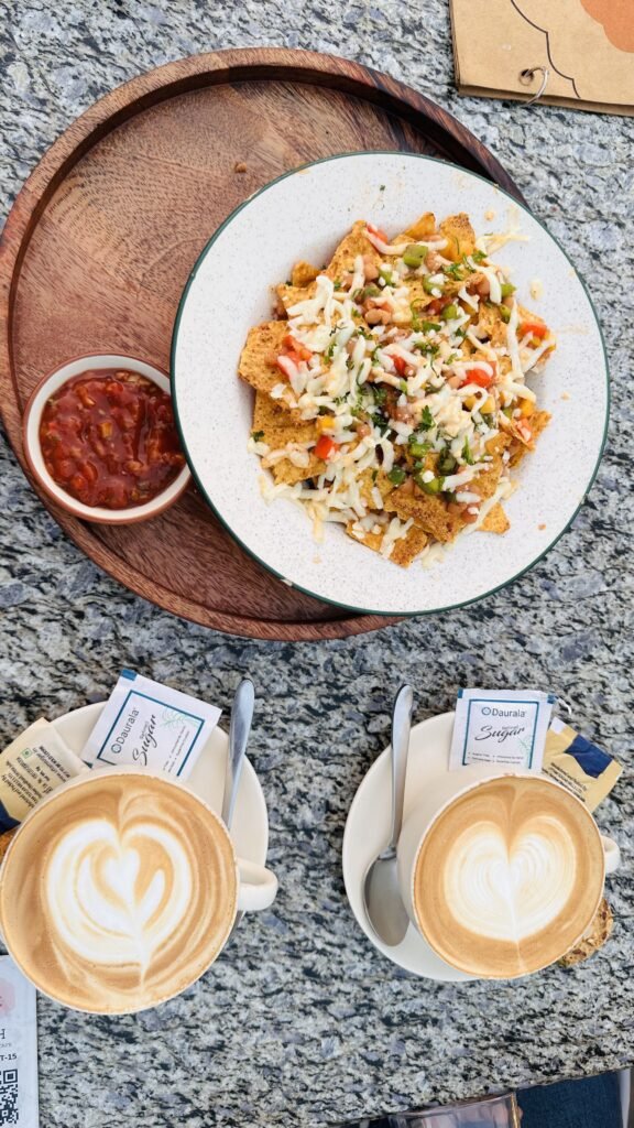 Nachos and Coffee order at the Garh Cafe